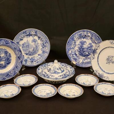 Blue Transferware China Collection | Cauldon “Blue Willow,” Booths “Pagoda,” Covered Dish & Plates