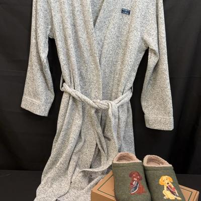 L.L.Bean Robe & Fleece-Lined Slippers | Heather Gray Robe Dog Embroidered Slippers | Women's Size 8