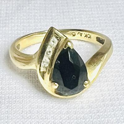 10K Gold Ring with Black Stone and Diamonds