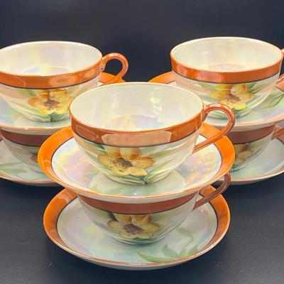 (6) Chikaramachi Handpainted Japanese Teacups & Saucers