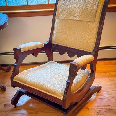 Antique Eastlake Victorian Platform Rocker – Carved Walnut Frame – Upholstered Seat & Back