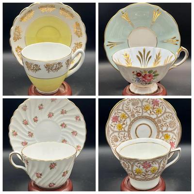 (4) Teacups & Saucers: Queen Anne, Aynsley, Rosina & Crownford