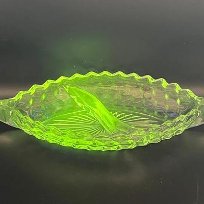 Fostoria American Cubist 11.75” Divided Dish with Green Ultraviolet Glow