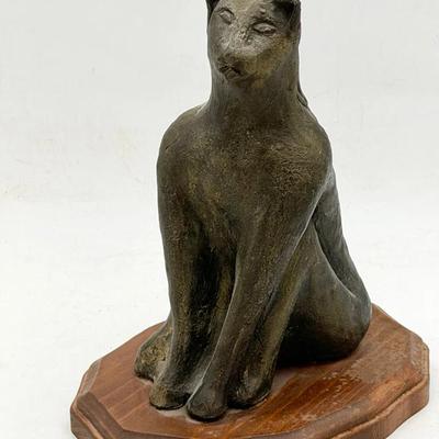 Signed “Cat Woman” Sculpture by Joe Rakos – Bronze-Toned Figurative Art on Wood Base