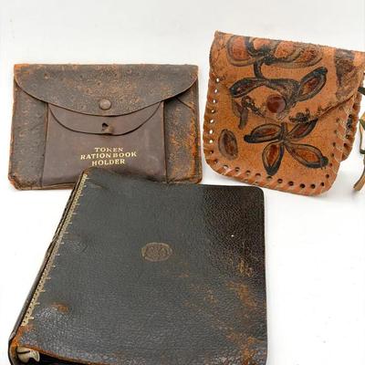 (3) Vintage Leather Items – WWII Ration Book Holder, University of Maine Binder, and Handcrafted Flo