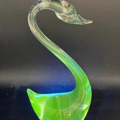 Blown Art Glass Swan Figurine with Green Ultraviolet Glow