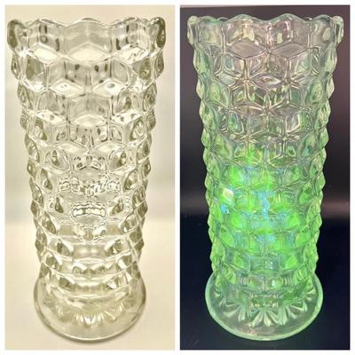 10” Fostoria American Cubist Vase with Green Ultraviolet Glow