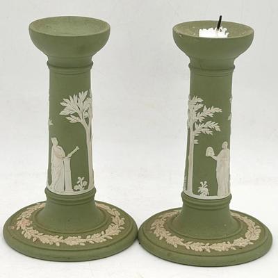 (2) Wedgwood sage green jasperware candlesticks