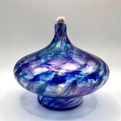 Signed Iridescent Art Glass Oil Lamp