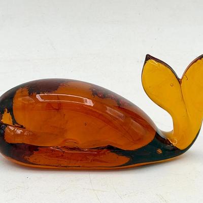 Pilgrim Amber Glass Whale Paperweight Vintage