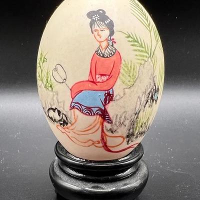Vintage Hand Painted & Signed Eggshell with Display Stand