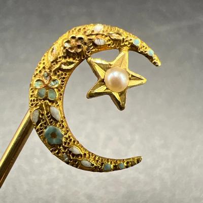 Antique 22K & 14K Gold Fine Jewelry with Pearl on Crescent Moon