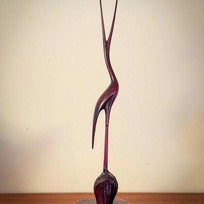Mid-Century Modern Hand-Carved Wooden Crane Sculpture – 11"