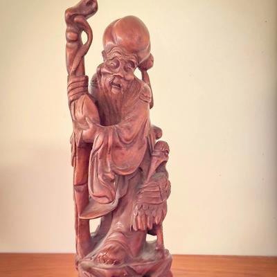 Antique Chinese Hand-Carved Wooden Figure of Shou Lao – God of Longevity – 12"