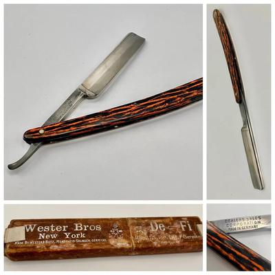DSC Straight Razor with Tiger Stripe Handle, Antique Wester Bros De-Fi Case