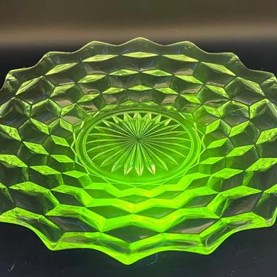 Fostoria American Cubist 9” Platter with Green Ultraviolet Glow