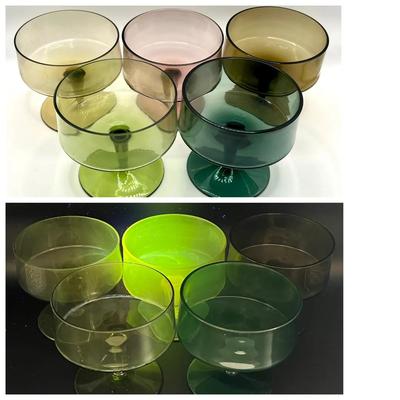 (5) MCM Blown Glass Coupes with Ultraviolet Green Glow