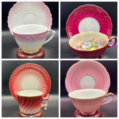 (4) Pink Teacups & Saucers — Made in Occupied Japan and Lunéville France