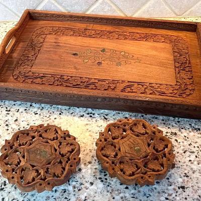 Wood Carved Serving Tray & Pair of Trivets