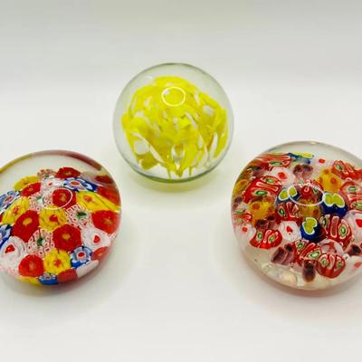 (3) Murano Style Art Glass Paperweights including Millefiore