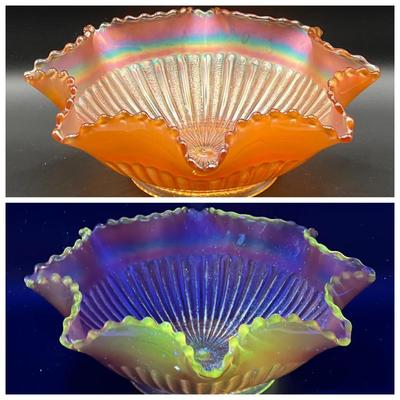 Northwood Stippled Rays Marigold Carnival Glass Bowl with Green Ultraviolet Glow