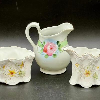 Hand Painted Nippon Creamer Pitcher & (2) Vintage Dishes