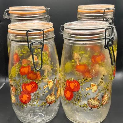 (4) 1970s Arc France Glass “Spice of Life” Kitchen Storage Jars