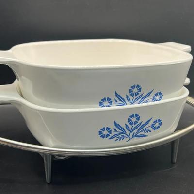 (2) Pyrex Cornflower Blue with Original Corningware Metal Trivet