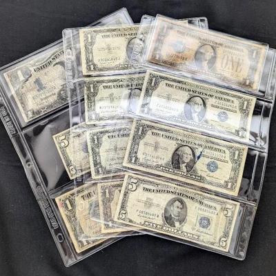 11 US Silver Certificates, Large & Small Notes 
