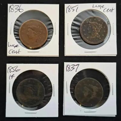 4 Large Cents, All Mid-1800s