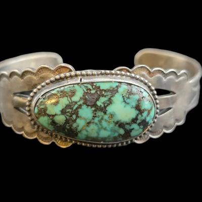 JF Stamped "Plata De Santa Fe" Turquoise Bracelet, 31 Grams