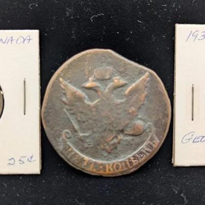 1793 Russia Kopek & 1943, & 1937 Canada Silver Quarters
