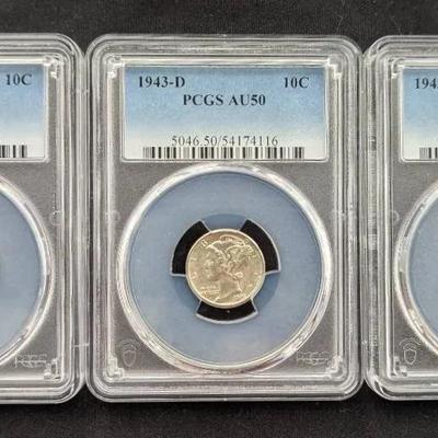 1943-P & 1943-D AU50 Mercury Dimes PCGS, & 1938-D Mercury Dime PCGS XF40
