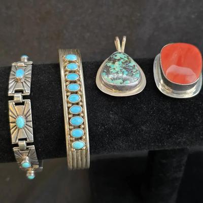 4 Native American/South West Sterling Silver Pieces, Weight is 79 Grams