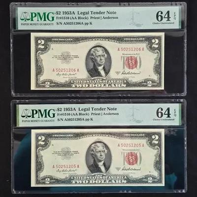 2 1953 $2 Red Seal Notes PMG-MS-64 In Sequence Serial Numbers
