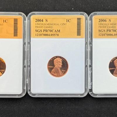 1986-S, 2004-S, 2006-S PR70CAM SGS Graded Coins