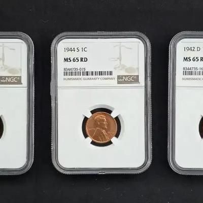 1942-D, 44-S, 45-D MS-65RD NGC Lincoln Cents 