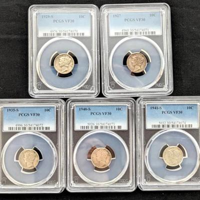 5 PCGS Graded Mercury Silver Dimes VF-30