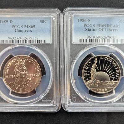 1986-S & 1989-D 50 Cent Commemorative US Coins, PCGS Graded PD-69DCAM & MS-69