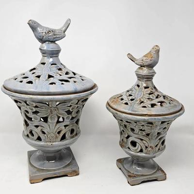 Clay Glazed Pots With Birds On Top