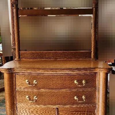 Antique Tiger Oak Serpentine Two Drawer Dresser - No Mirror