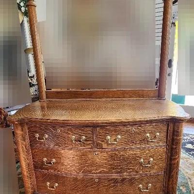 Antique Tiger Oak Serpentine Four Drawer Dresser & Mirror