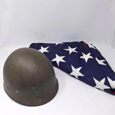 Vintage War Helmet & American Flag