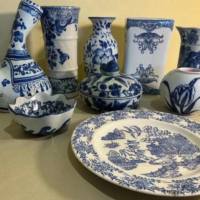 Blue & White Wine Pitcher, Vases, And Candle Holder