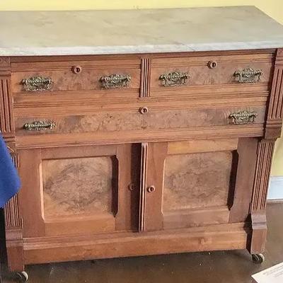 Antique Wood Marble Top Table Dining Buffet