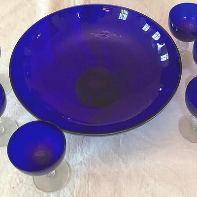 Blue Glass Bowl And Champagne Glasses