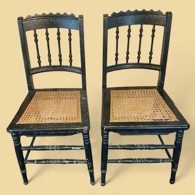 Black Painted Antique Cane Seat Chairs