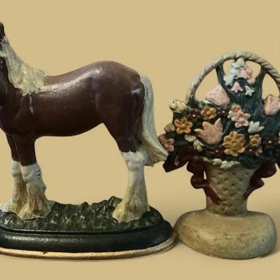 Cast Iron Doorstops Horse Flower Basket