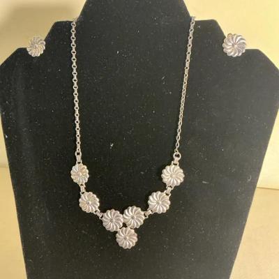Sterling Silver Rosette Necklace And Clip Earrings Set 