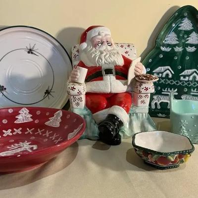 Holiday Pottery Cookie Jar, And Platters